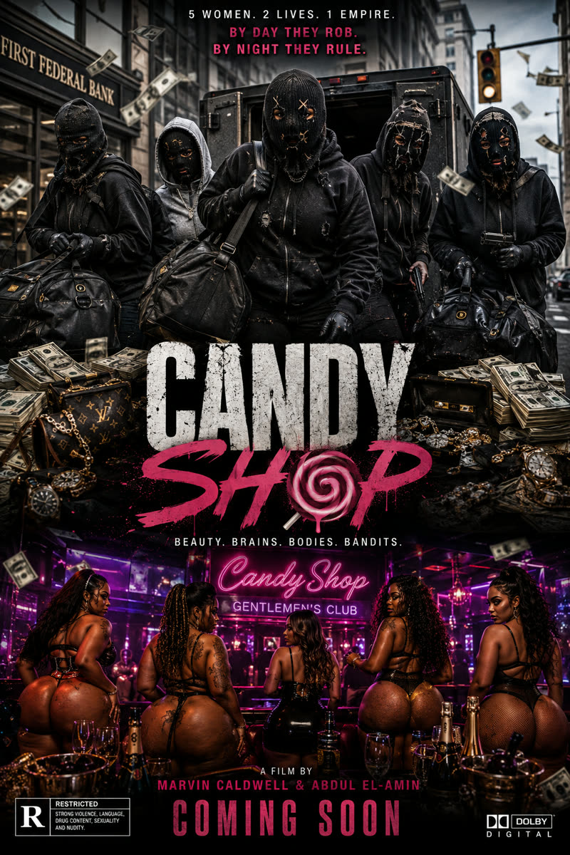 Candy Shop poster, gritty grade: masked figures by day, the Candy Shop club by night.