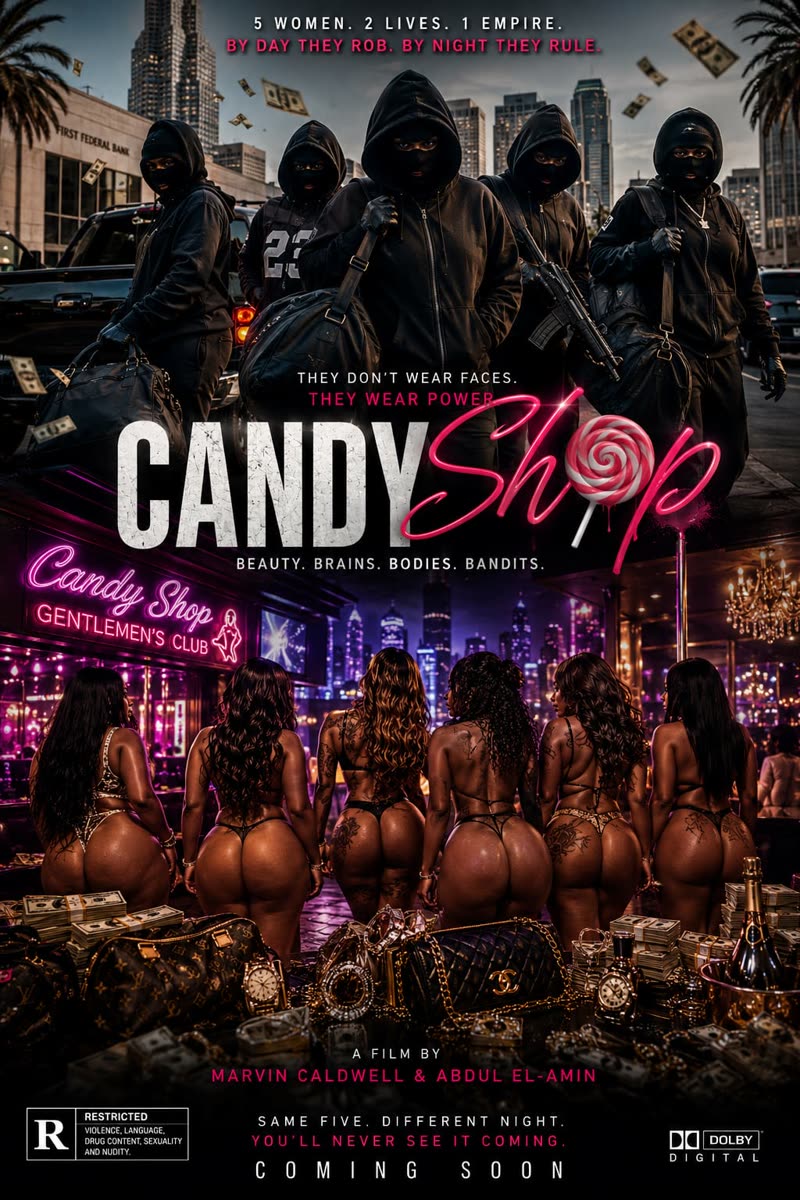 Candy Shop teaser poster: five masked figures on a city street above, the same five women from behind at the Candy Shop club below, title treatment with lollipop icon.