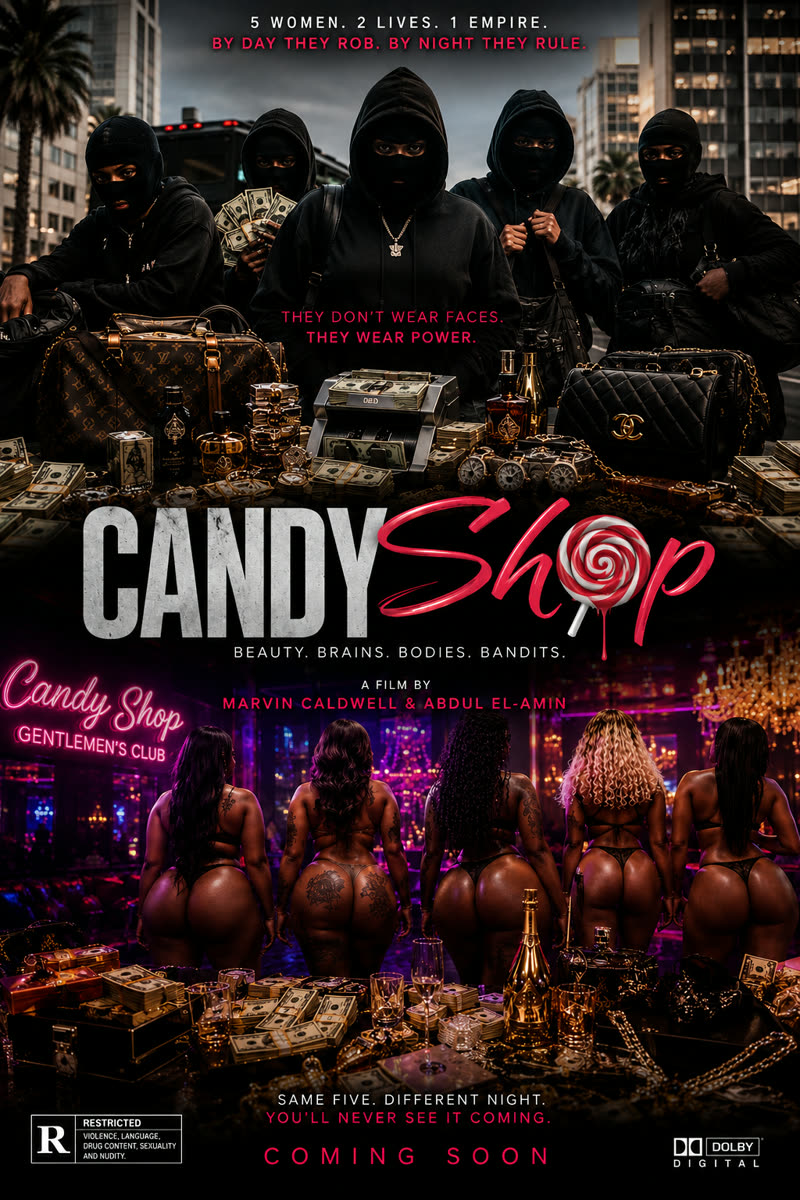 Candy Shop poster, early cut: five hooded figures by day outside a bank, the club scene by night below.
